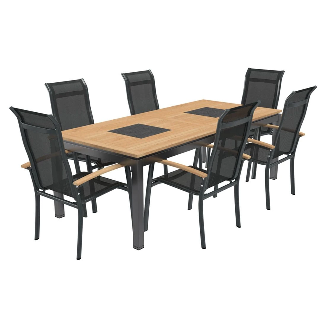 OUTLIV. Alpha Gartenmöbelset 7-teilig Stapelsessel mit Linz Tisch 220x100 cm Anthrazit/Schwarz