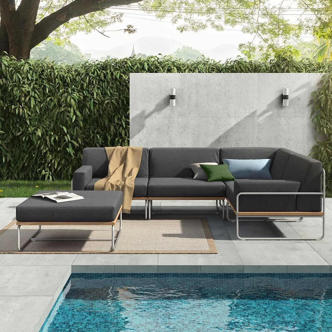 OUTLIV. Largo Ecklounge 5-teilig Stahl/Akazie mit Kissen Silber/Dunkelgrau