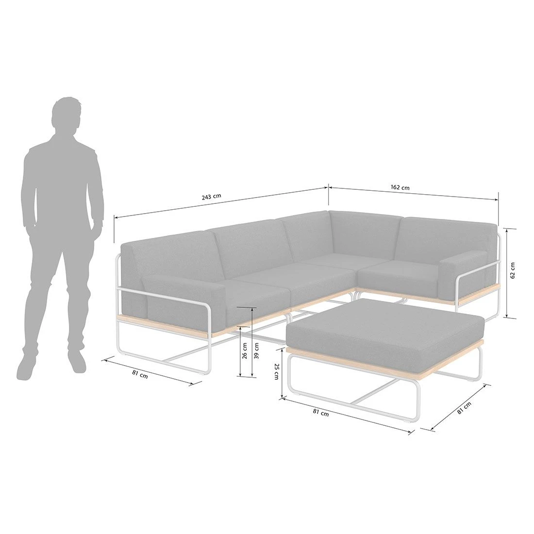 OUTLIV. Largo Ecklounge 5-teilig Stahl/Akazie mit Kissen Silber/Dunkelgrau