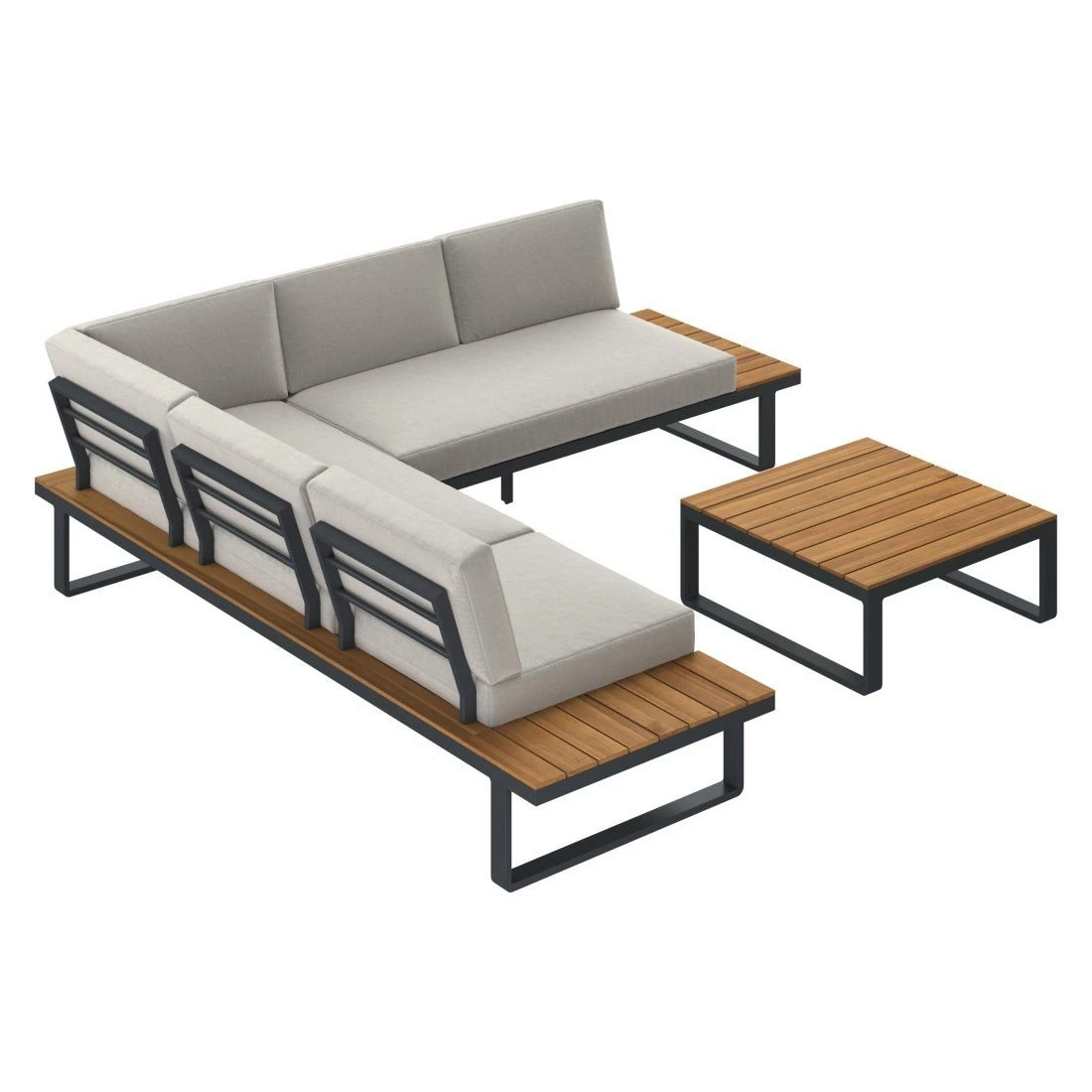 OUTLIV. Albufeira Ecklounge 3-teilig Aluminium/Akazie/Polster Schwarz/Teaklook/Royal Stone Grey