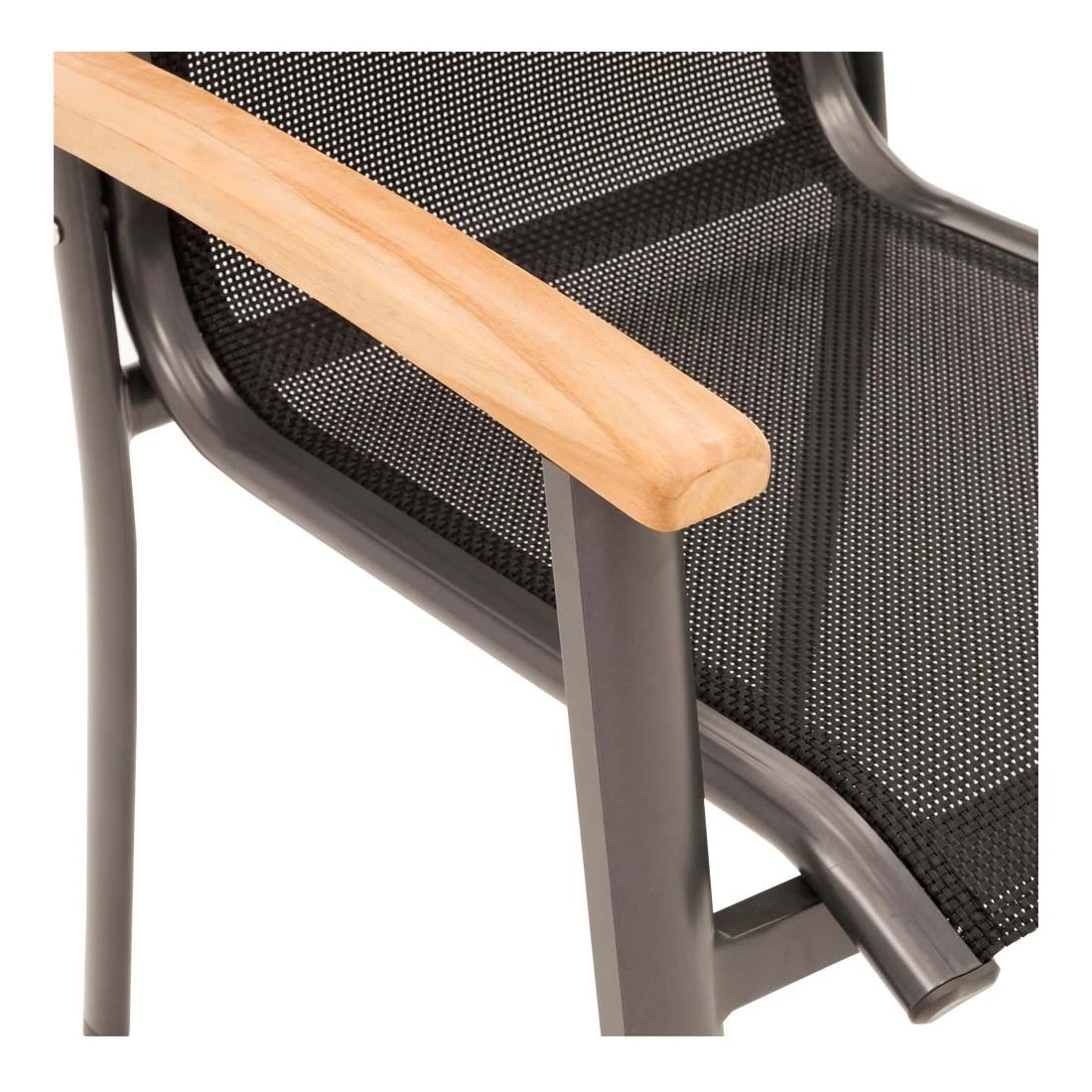 OUTLIV. Alpha Stapelsessel Aluminium/Textilene Teakarmlehnen Anthrazit/Schwarz