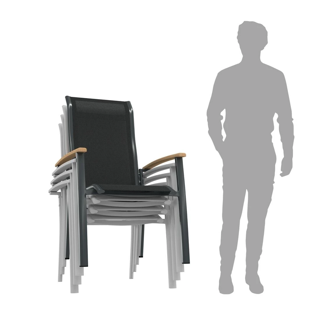 OUTLIV. Alpha Stapelsessel Aluminium/Textilene Teakarmlehnen Anthrazit/Schwarz