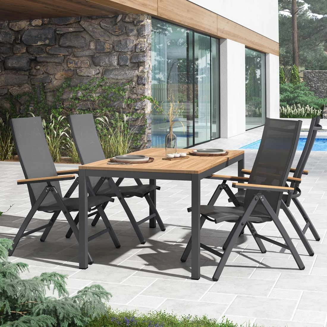 OUTLIV. Kobe Gartenmöbelset 5-tlg. Tisch 160x90cm Anthrazit