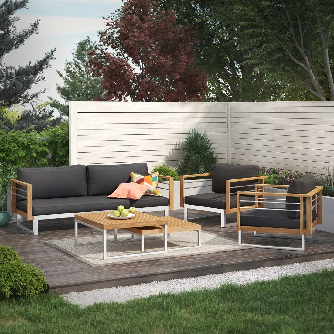 OUTLIV. Hawaii Gartensofa Edelstahl/Teak/Polster Dunkelgrau