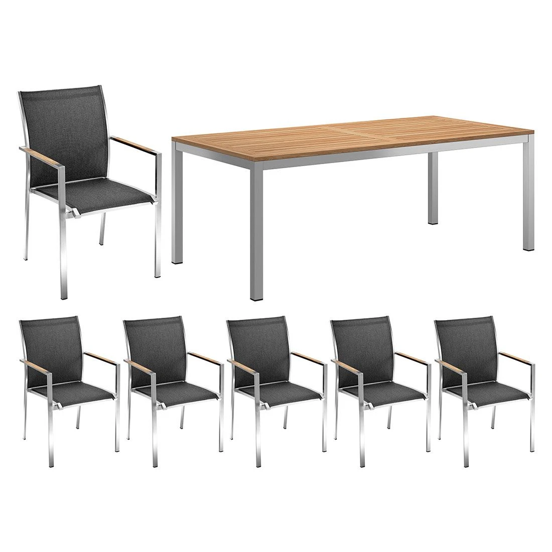 OUTLIV. Kreta Gartenmöbelset 7-tlg. Stapelsessel mit Tisch 220x100cm Silber/Coal